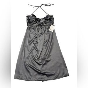 💃 NWT AMSALE charcoal Ruffle Trim Sweetheart neckline Halter Formal midi dress